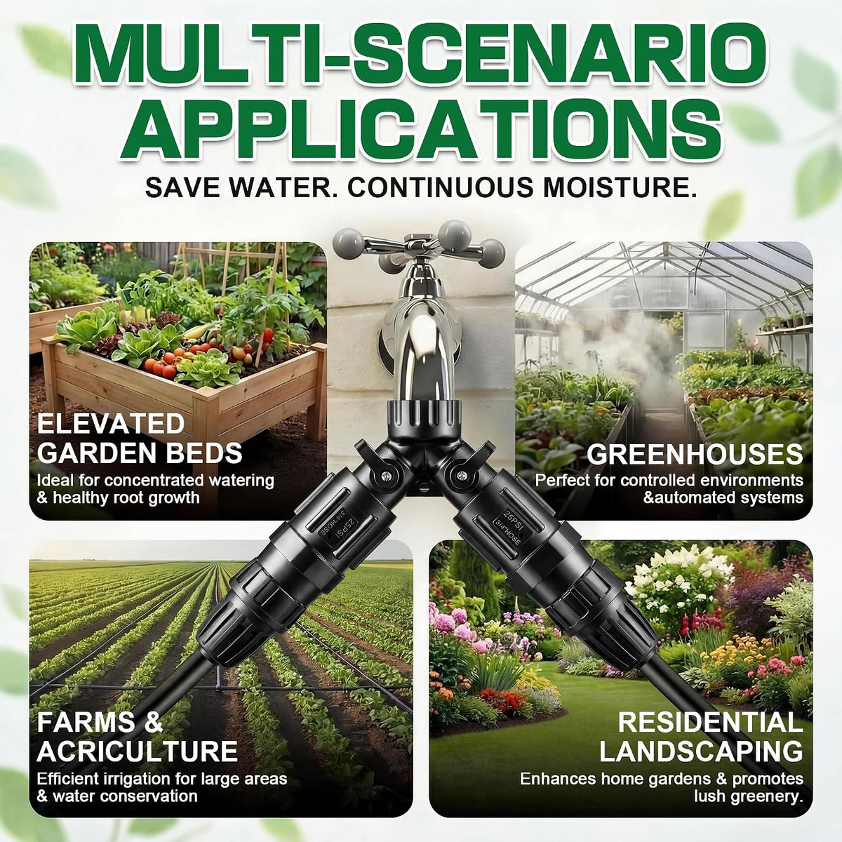 6 Pcs Drip Irrigation Kit, Included 2 Way Y Water Splitter Connector, 2 Pcs 25 PSI Garden Hose Pressure Regulator and 2 Pc 1/2 Inch Irrigation Tubing Hose Adapter for Drip Irrigate System