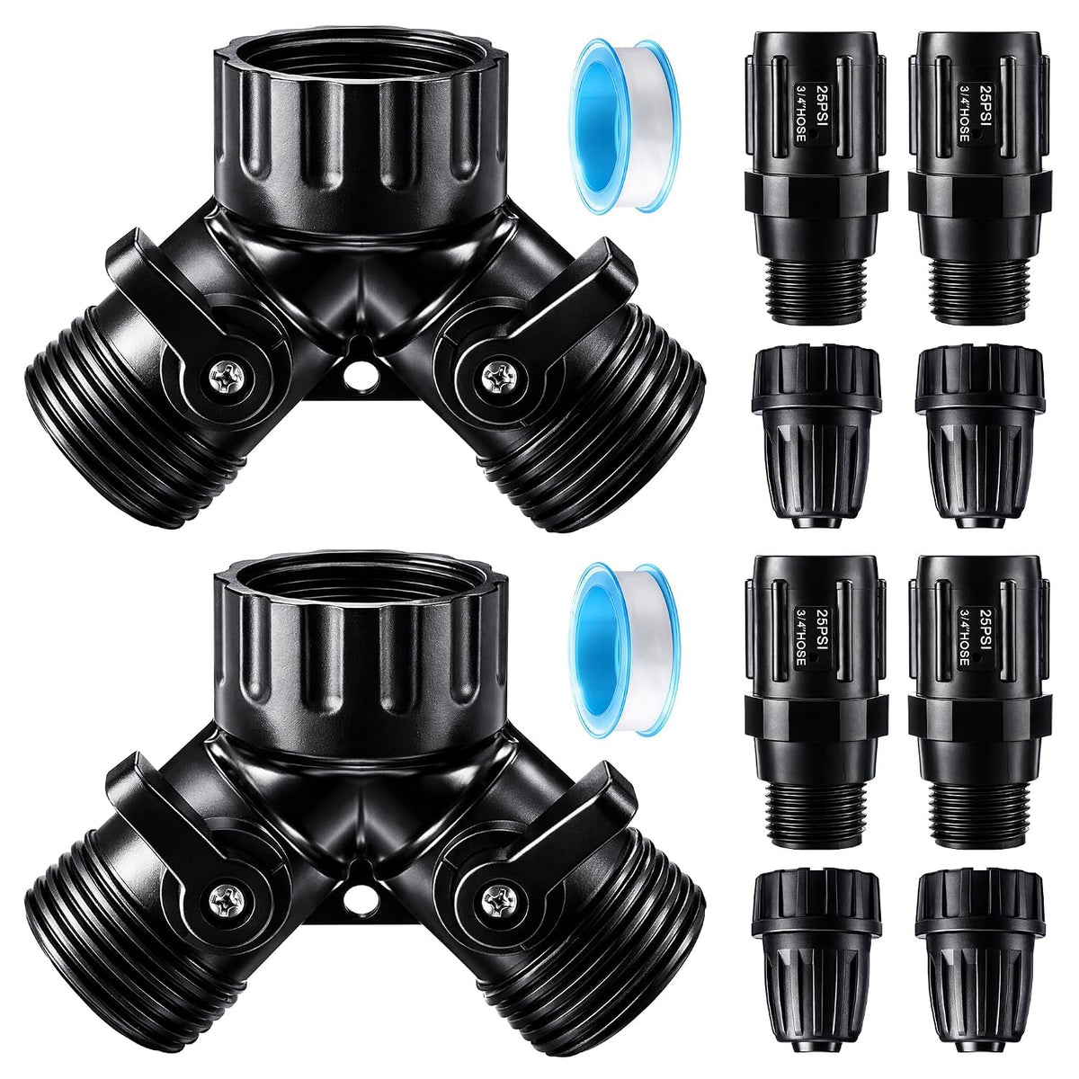 6 Pcs Drip Irrigation Kit, Included 2 Way Y Water Splitter Connector, 2 Pcs 25 PSI Garden Hose Pressure Regulator and 2 Pc 1/2 Inch Irrigation Tubing Hose Adapter for Drip Irrigate System