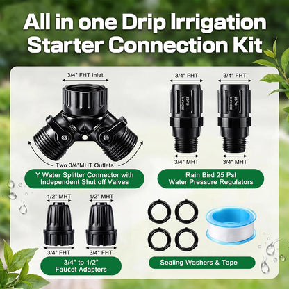 6 Pcs Drip Irrigation Kit, Included 2 Way Y Water Splitter Connector, 2 Pcs 25 PSI Garden Hose Pressure Regulator and 2 Pc 1/2 Inch Irrigation Tubing Hose Adapter for Drip Irrigate System