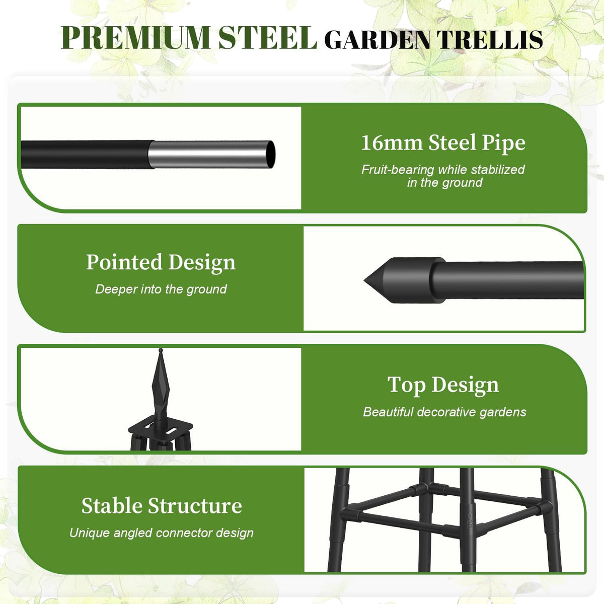 6 FT Obelisk Trellis for Climbing Plants, Black
