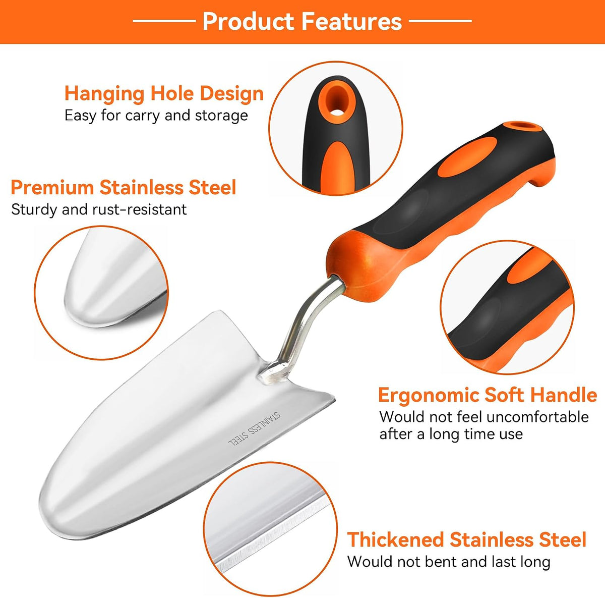 Garden Tool Set with Heavy-Duty Trowel, Transplanter & Cultivator
