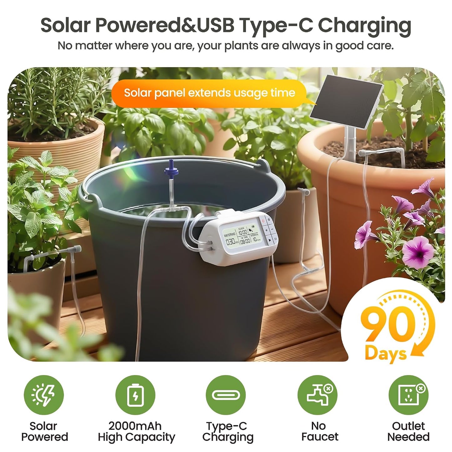 Automatic Drip Irrigation Kit, Solar & USB Rechargeable Auto Plant Watering System with Programmable Timer, Anti-Siphon Valve, DIY Irrigation System for up to 15 Outdoor/Indoor Potted Plants