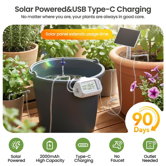Automatic Drip Irrigation Kit, Solar & USB Rechargeable Auto Plant Watering System with Programmable Timer, Anti-Siphon Valve, DIY Irrigation System for up to 15 Outdoor/Indoor Potted Plants