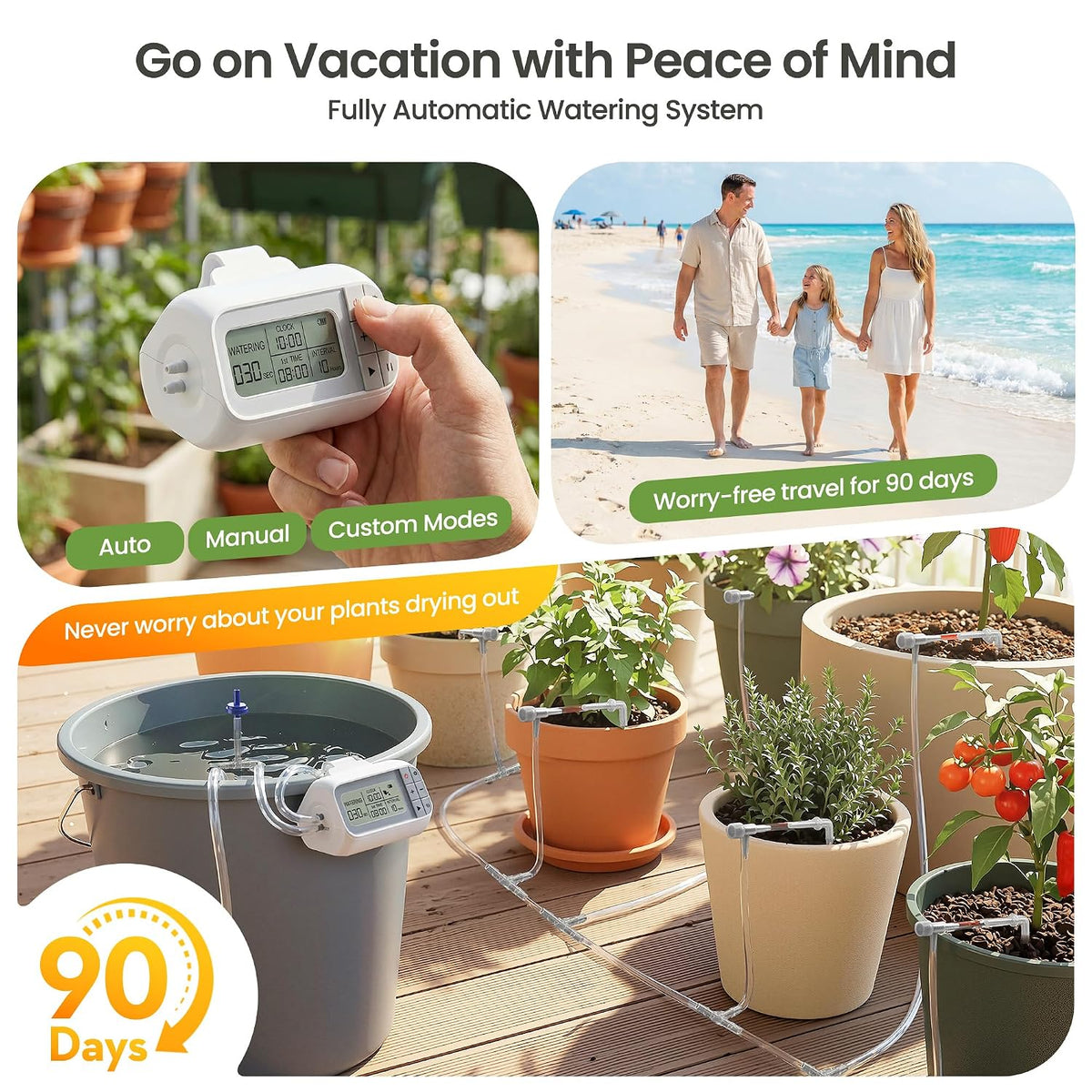 Automatic Drip Irrigation Kit, Solar & USB Rechargeable Auto Plant Watering System with Programmable Timer, Anti-Siphon Valve, DIY Irrigation System for up to 15 Outdoor/Indoor Potted Plants