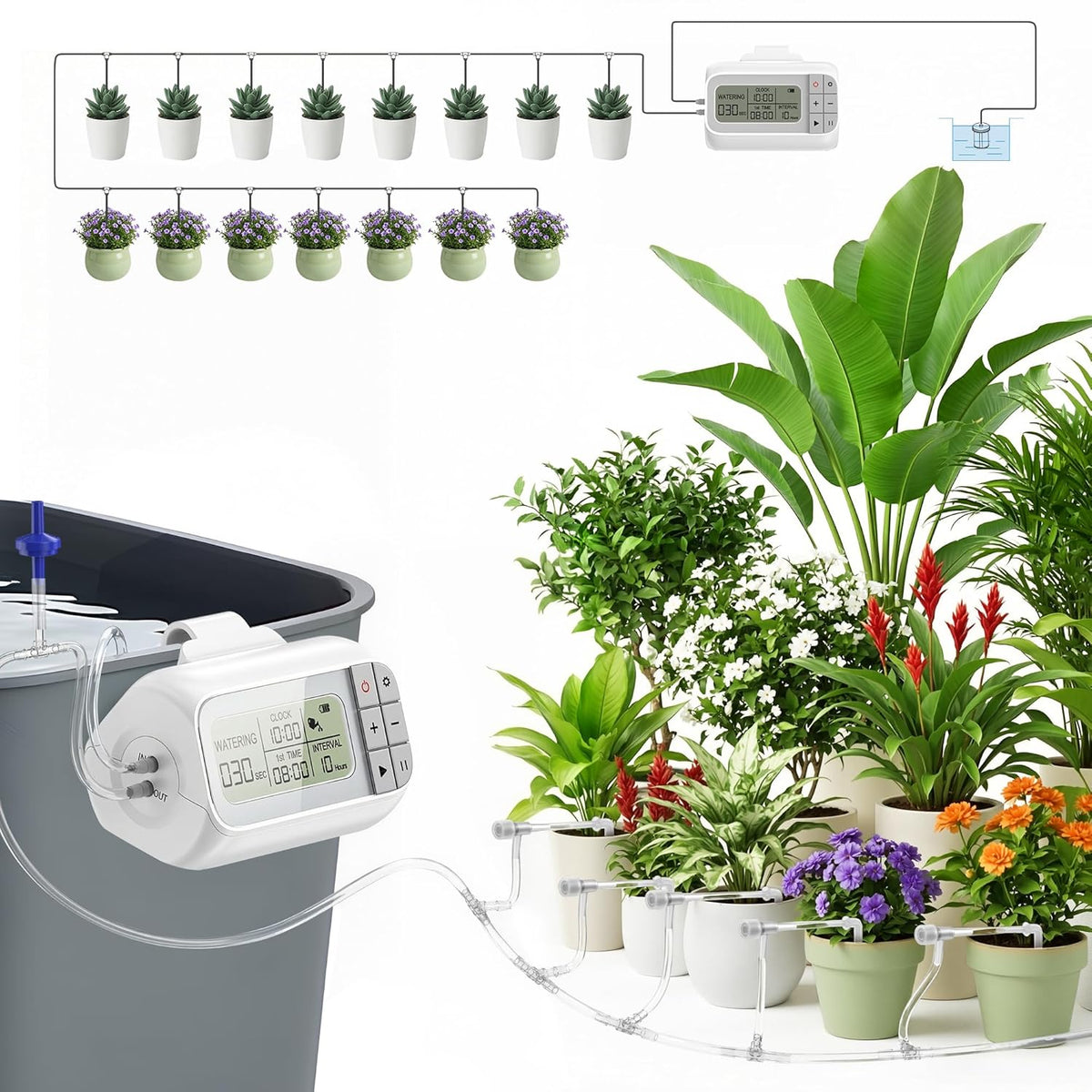 Automatic Drip Irrigation Kit, Solar & USB Rechargeable Auto Plant Watering System with Programmable Timer, Anti-Siphon Valve, DIY Irrigation System for up to 15 Outdoor/Indoor Potted Plants