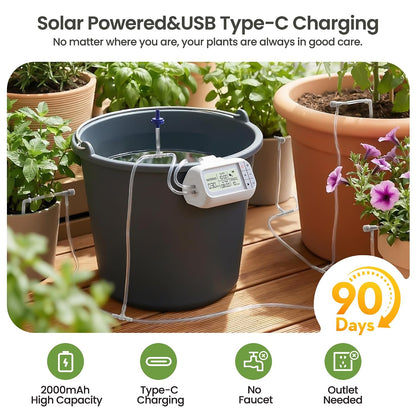 Automatic Drip Irrigation Kit, Solar & USB Rechargeable Auto Plant Watering System with Programmable Timer, Anti-Siphon Valve, DIY Irrigation System for up to 15 Outdoor/Indoor Potted Plants