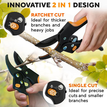 Ratchet Pruning Shears Heavy Duty, Hand Pruners for Gardening