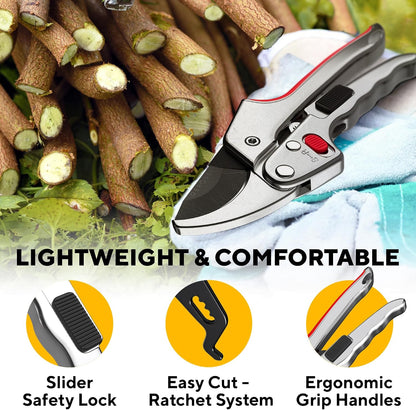 Ratchet Pruning Shears Heavy Duty, Hand Pruners for Gardening