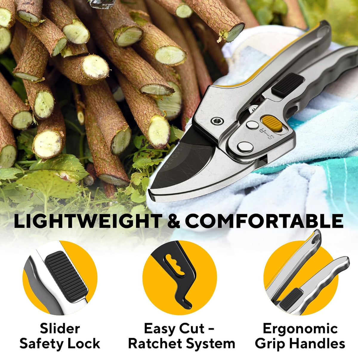 Ratchet Pruning Shears Heavy Duty, Hand Pruners for Gardening