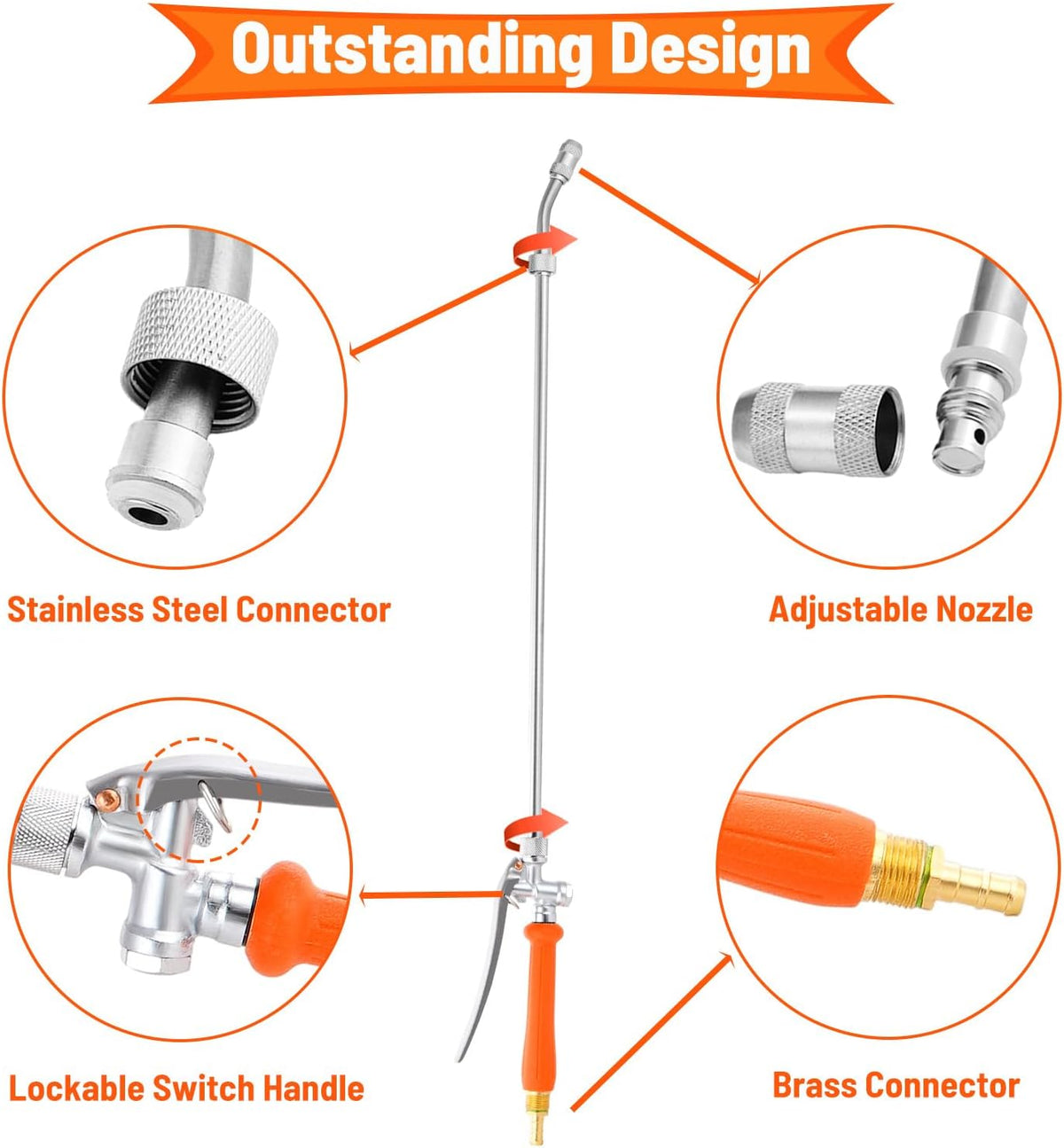 44 Inch Spray Wand, Brass 1/4" & 3/8" Barb Match Sprayer Wand Hoses, Adjustable Nozzle Stainless Steel Garden Hose Wand Sprayer Suitable for 3/4" Hose Quick Connectors
