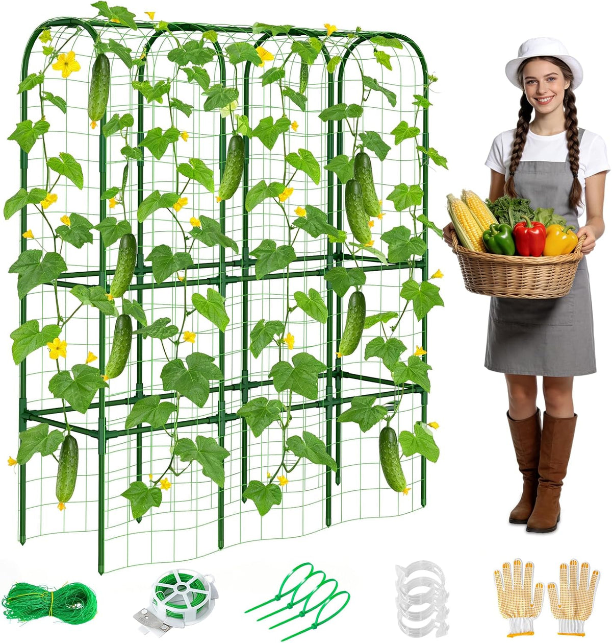 62in Tall Cucumber Trellis for Raised Bed, 51" L x 62" H Metal Garden Trellis for Climbing Plants Outdoor, U-Shape Vegetables Trellis Support for Squash Zucchini Peas Grape
