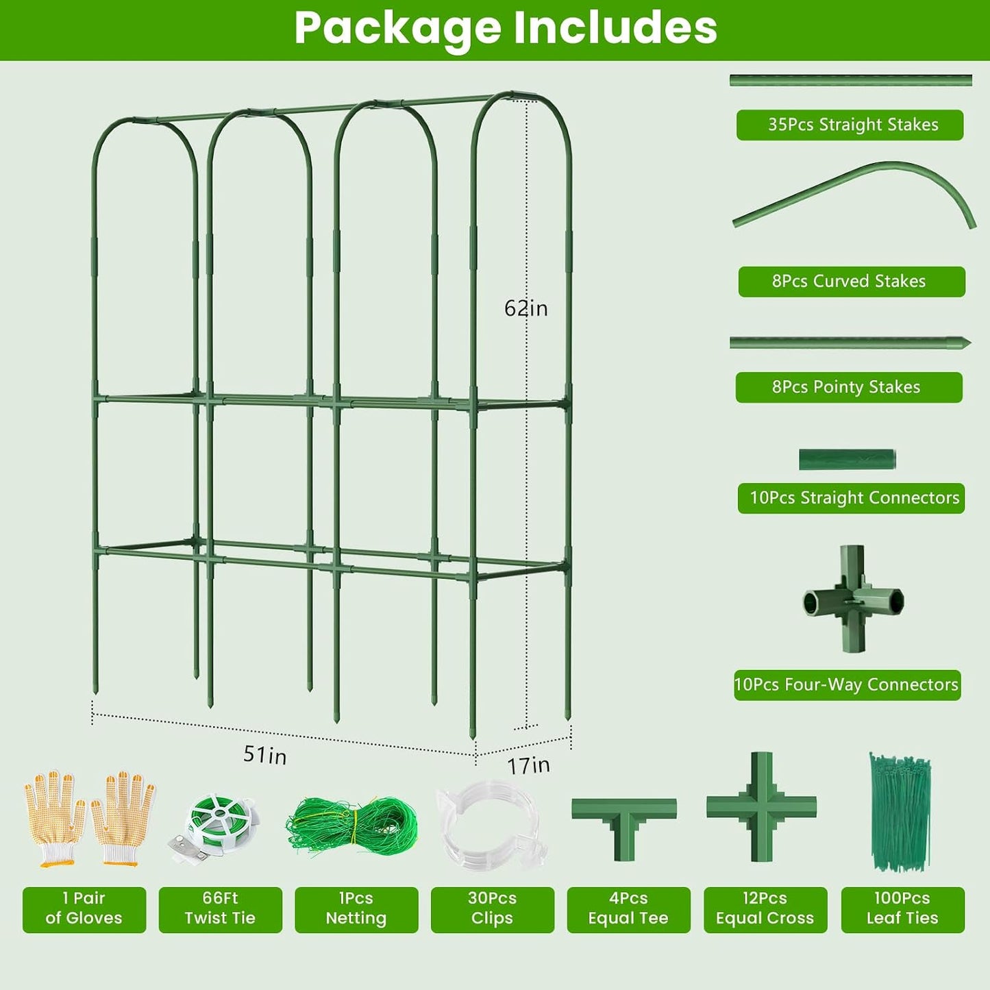 62in Tall Cucumber Trellis for Raised Bed, 51" L x 62" H Metal Garden Trellis for Climbing Plants Outdoor, U-Shape Vegetables Trellis Support for Squash Zucchini Peas Grape