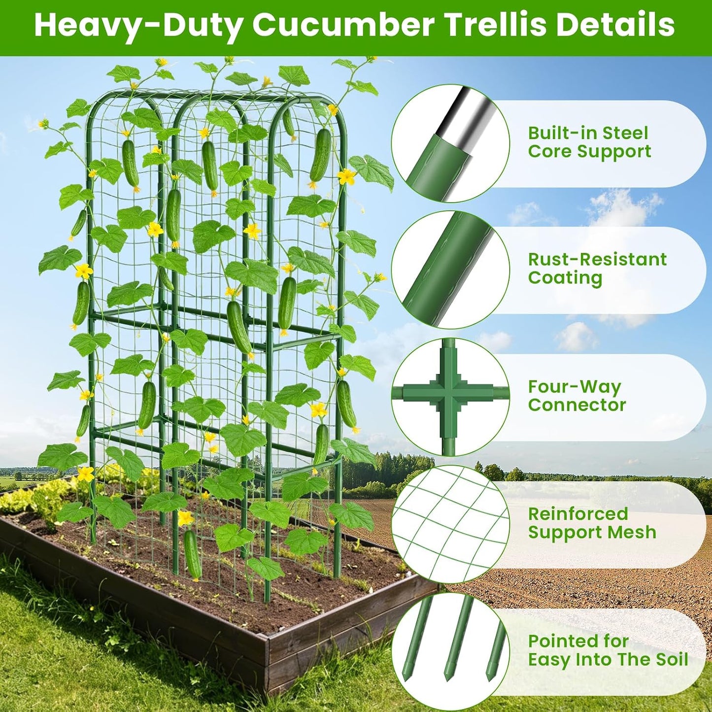 62in Tall Cucumber Trellis for Raised Bed, 51" L x 62" H Metal Garden Trellis for Climbing Plants Outdoor, U-Shape Vegetables Trellis Support for Squash Zucchini Peas Grape