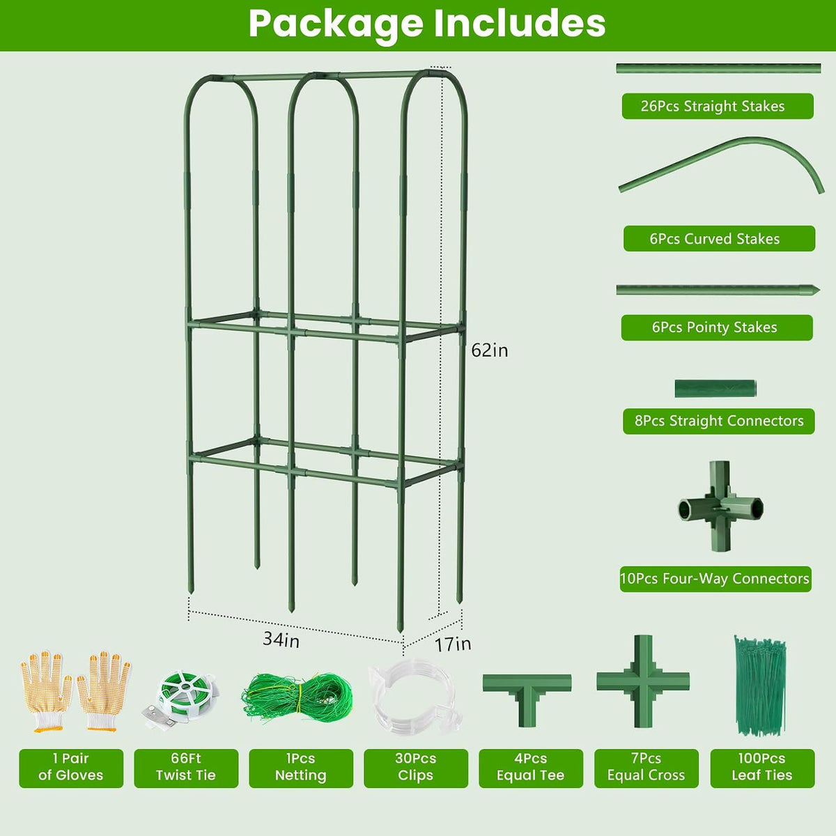 62in Tall Cucumber Trellis for Raised Bed, 51" L x 62" H Metal Garden Trellis for Climbing Plants Outdoor, U-Shape Vegetables Trellis Support for Squash Zucchini Peas Grape