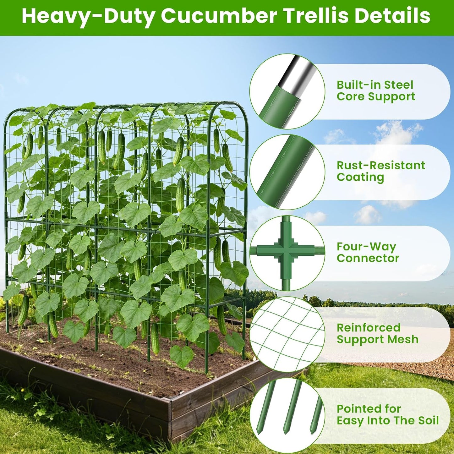 62in Tall Cucumber Trellis for Raised Bed, 51" L x 62" H Metal Garden Trellis for Climbing Plants Outdoor, U-Shape Vegetables Trellis Support for Squash Zucchini Peas Grape