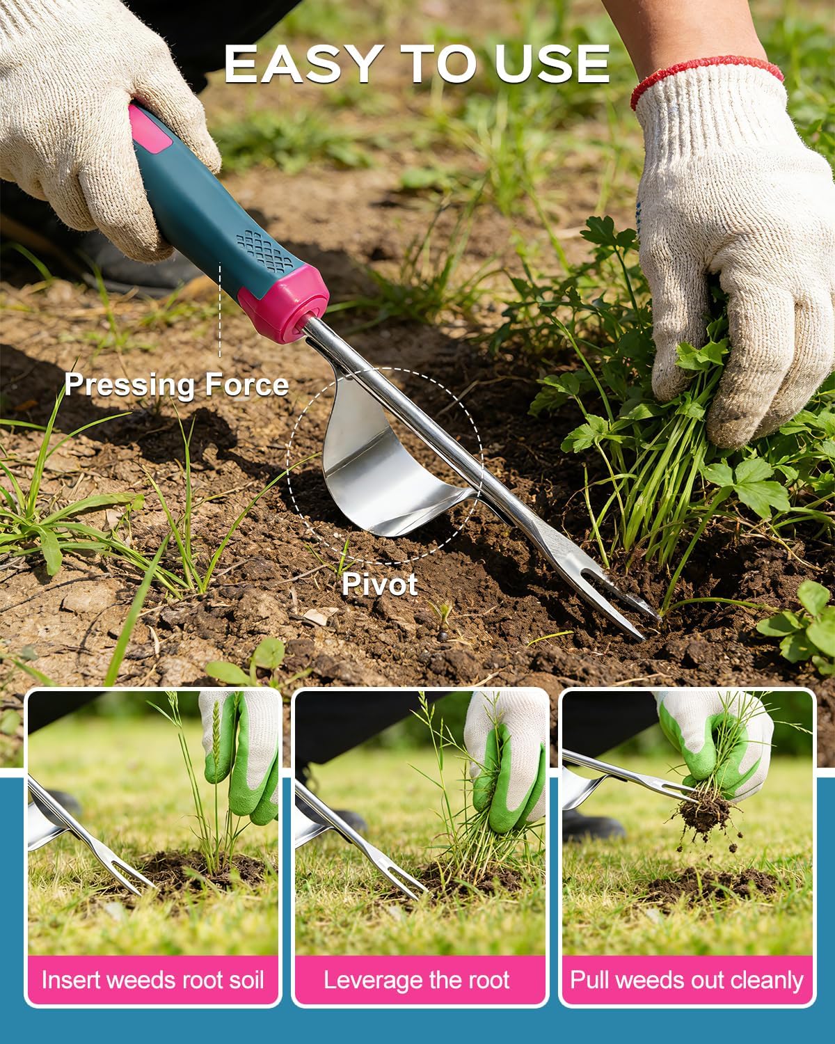 2026 Upgraded Weed Puller Tool, Leverage Base & V-Shaped Forks, Hand Weeder