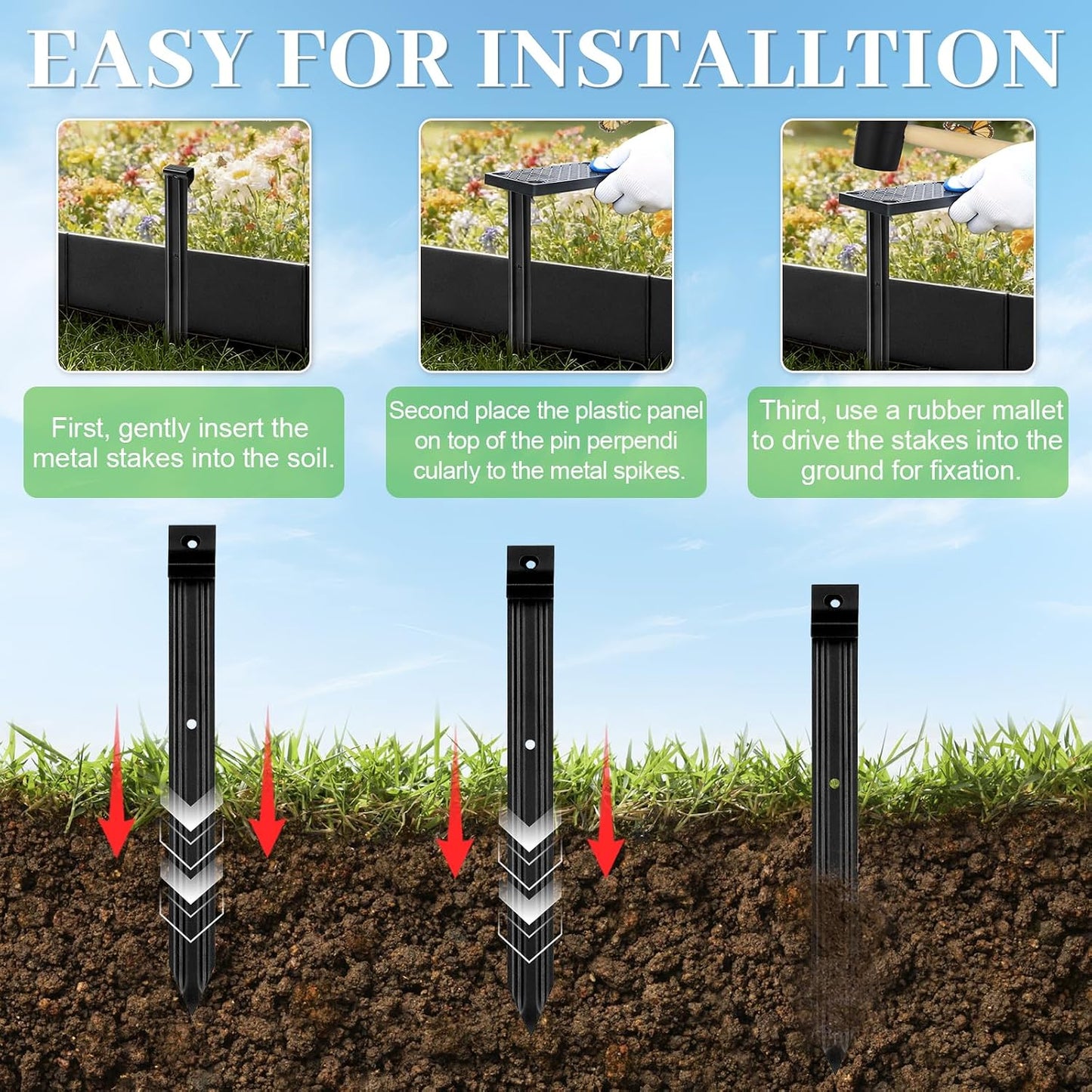 24 Pack Metal Landscape Edging Stakes,10 in Heavy Duty Garden Spikes with Plastic Panel,Ground Spikes,Anchoring Spikes for Driveway Lawn Terrace Board Weed Barriers