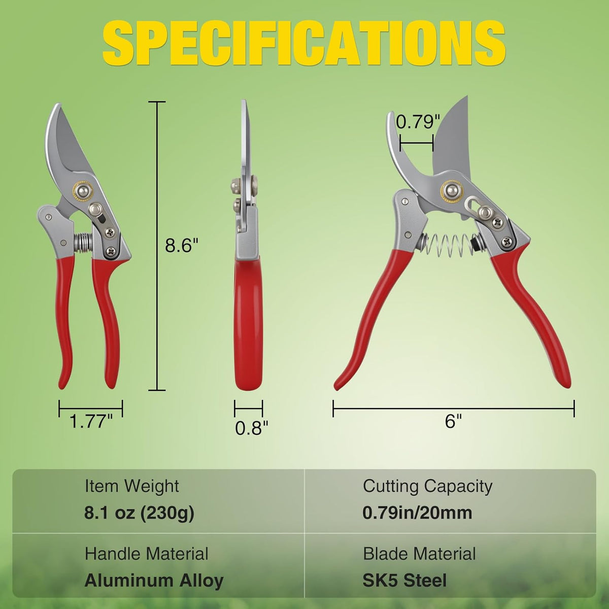 Pruning Shears Garden Shears 8.6" Professional Bypass Garden Scissors Yard Clippers with Sharp SK5 Steel Blade Heavy Duty Hand Pruners for Branch Flower Plant Trimming Cutting Gardening Tools