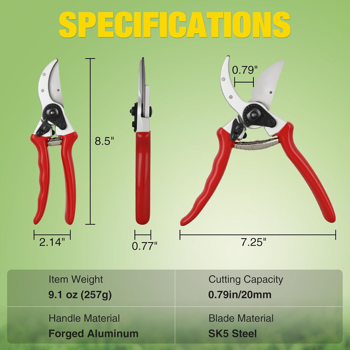 Pruning Shears Garden Shears 8.6" Professional Bypass Garden Scissors Yard Clippers with Sharp SK5 Steel Blade Heavy Duty Hand Pruners for Branch Flower Plant Trimming Cutting Gardening Tools