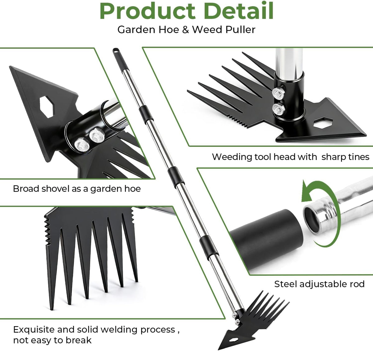 2-in-1 Weed Puller Tool,Dual-Head Garden Hoe Weeder Tool with Long Handle,Heavy Duty Manganese Steel Weeding Tool for Gardening,Uprooting Weed Remover for Yard Lawn Patio and Garden