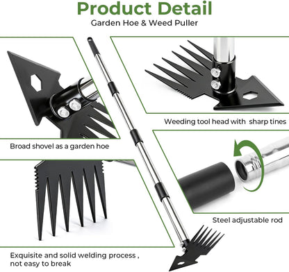 2-in-1 Weed Puller Tool,Dual-Head Garden Hoe Weeder Tool with Long Handle,Heavy Duty Manganese Steel Weeding Tool for Gardening,Uprooting Weed Remover for Yard Lawn Patio and Garden