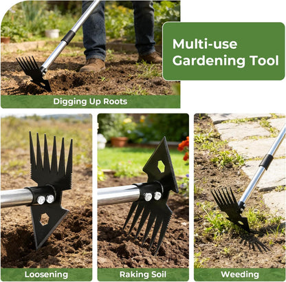 2-in-1 Weed Puller Tool,Dual-Head Garden Hoe Weeder Tool with Long Handle,Heavy Duty Manganese Steel Weeding Tool for Gardening,Uprooting Weed Remover for Yard Lawn Patio and Garden