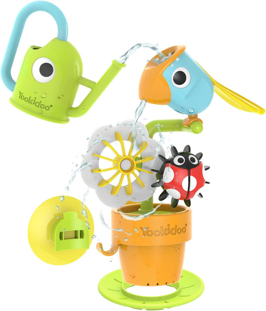 Watering Can Baby Bath Toy (Ages 1-3) Spinning Lady Bug & Tipping Bird Toy With 3 Moving Pieces (Mold Free) - Attaches To Tub Wall For Easy Toy Holder and Storage - For Toddler Bath Time