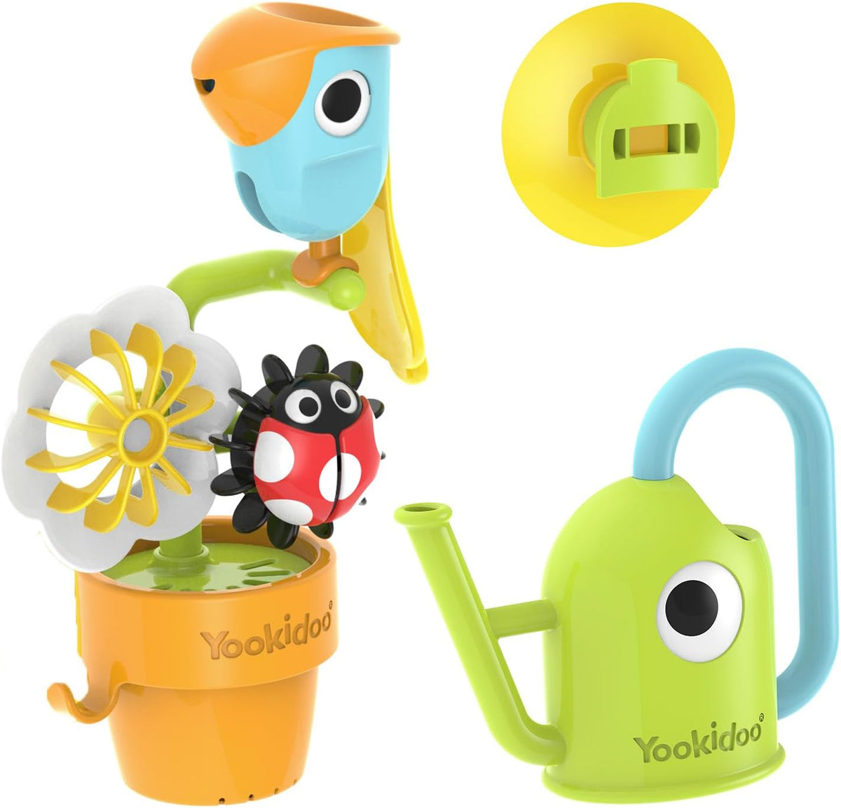 Watering Can Baby Bath Toy (Ages 1-3) Spinning Lady Bug & Tipping Bird Toy With 3 Moving Pieces (Mold Free) - Attaches To Tub Wall For Easy Toy Holder and Storage - For Toddler Bath Time