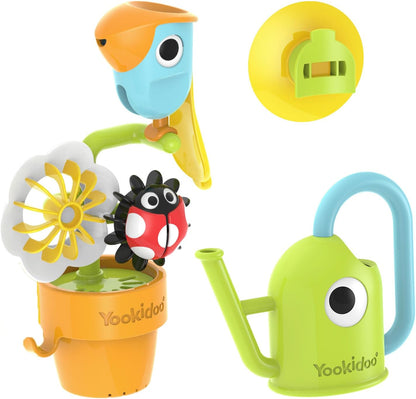 Watering Can Baby Bath Toy (Ages 1-3) Spinning Lady Bug & Tipping Bird Toy With 3 Moving Pieces (Mold Free) - Attaches To Tub Wall For Easy Toy Holder and Storage - For Toddler Bath Time