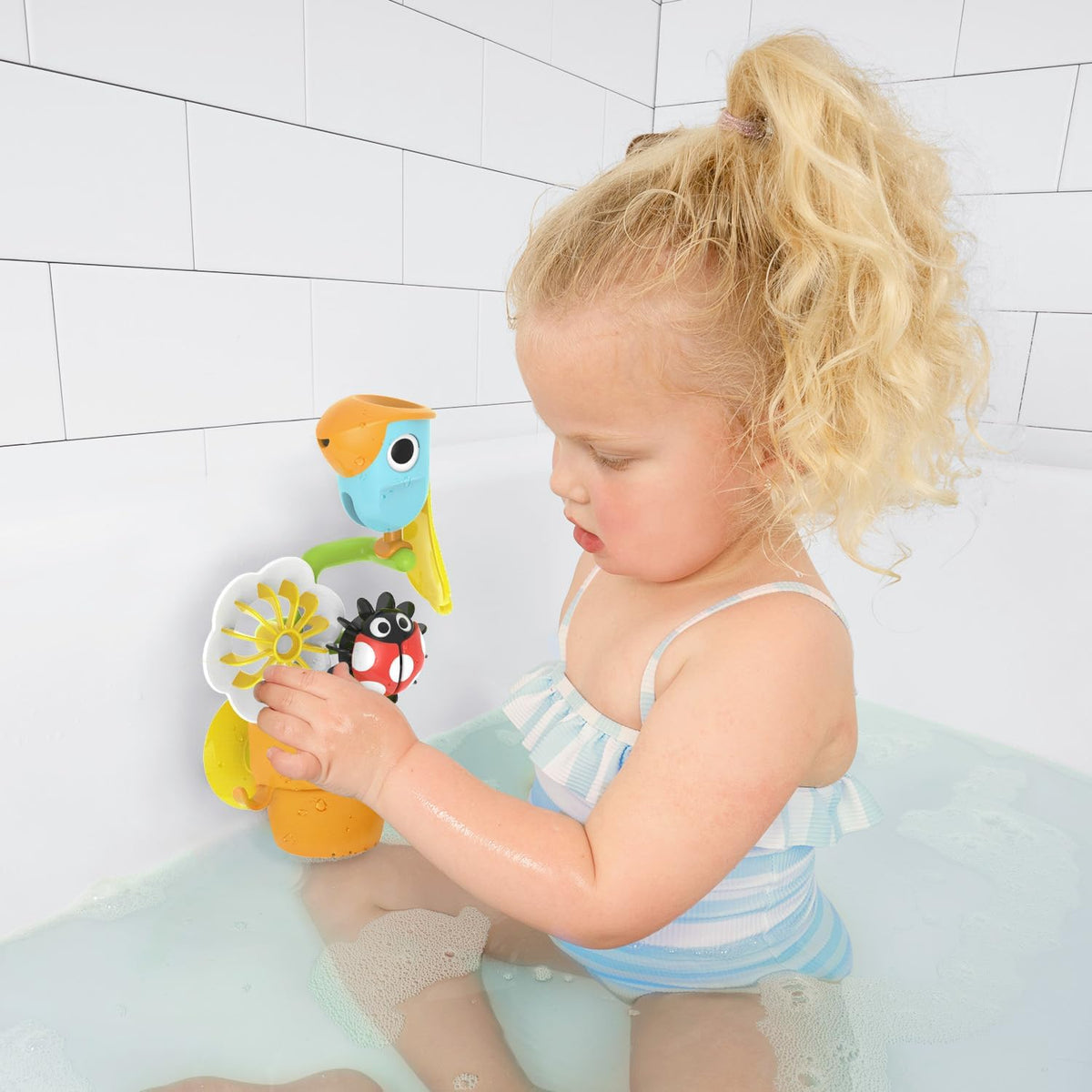 Watering Can Baby Bath Toy (Ages 1-3) Spinning Lady Bug & Tipping Bird Toy With 3 Moving Pieces (Mold Free) - Attaches To Tub Wall For Easy Toy Holder and Storage - For Toddler Bath Time