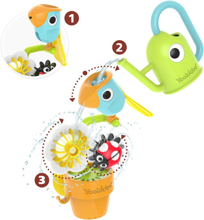 Watering Can Baby Bath Toy (Ages 1-3) Spinning Lady Bug & Tipping Bird Toy With 3 Moving Pieces (Mold Free) - Attaches To Tub Wall For Easy Toy Holder and Storage - For Toddler Bath Time