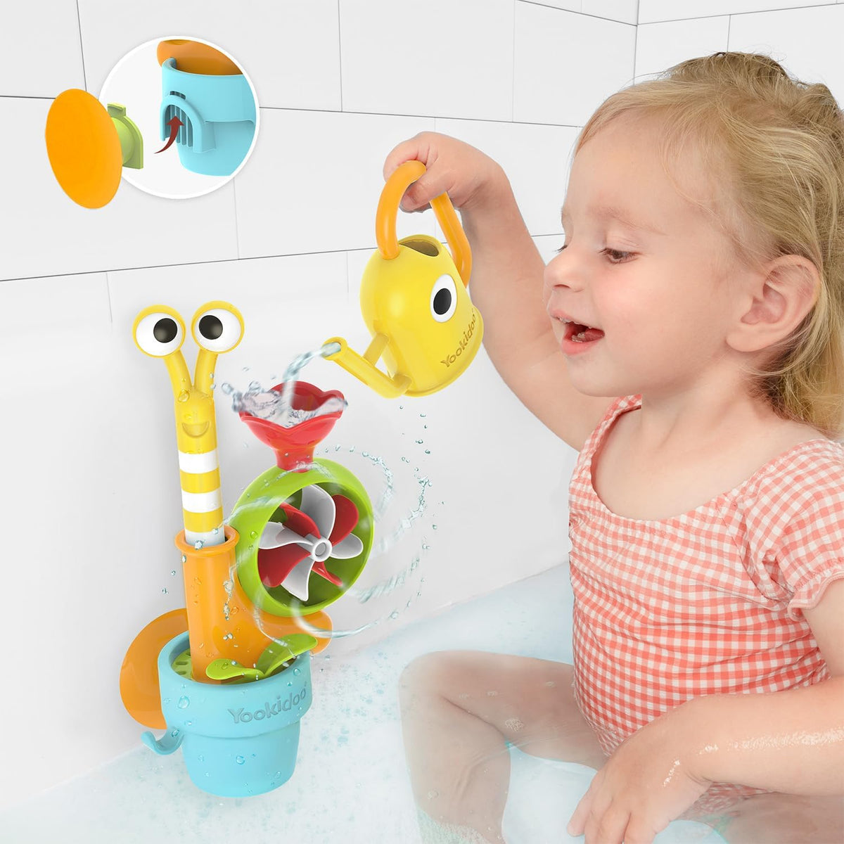 Watering Can Baby Bath Toy (Ages 1-3) Spinning Lady Bug & Tipping Bird Toy With 3 Moving Pieces (Mold Free) - Attaches To Tub Wall For Easy Toy Holder and Storage - For Toddler Bath Time