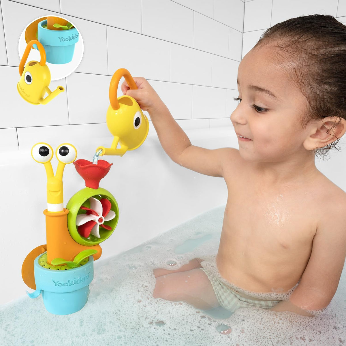 Watering Can Baby Bath Toy (Ages 1-3) Spinning Lady Bug & Tipping Bird Toy With 3 Moving Pieces (Mold Free) - Attaches To Tub Wall For Easy Toy Holder and Storage - For Toddler Bath Time