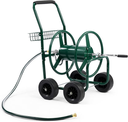 300FT 5/8in Garden Hose Reel Cart, 4-Wheel Portable Residential Hose Reel Cart, Hose Guide System with Storage Basket, Rust Resistant, for Family Yard, Garden and Farm (Green)