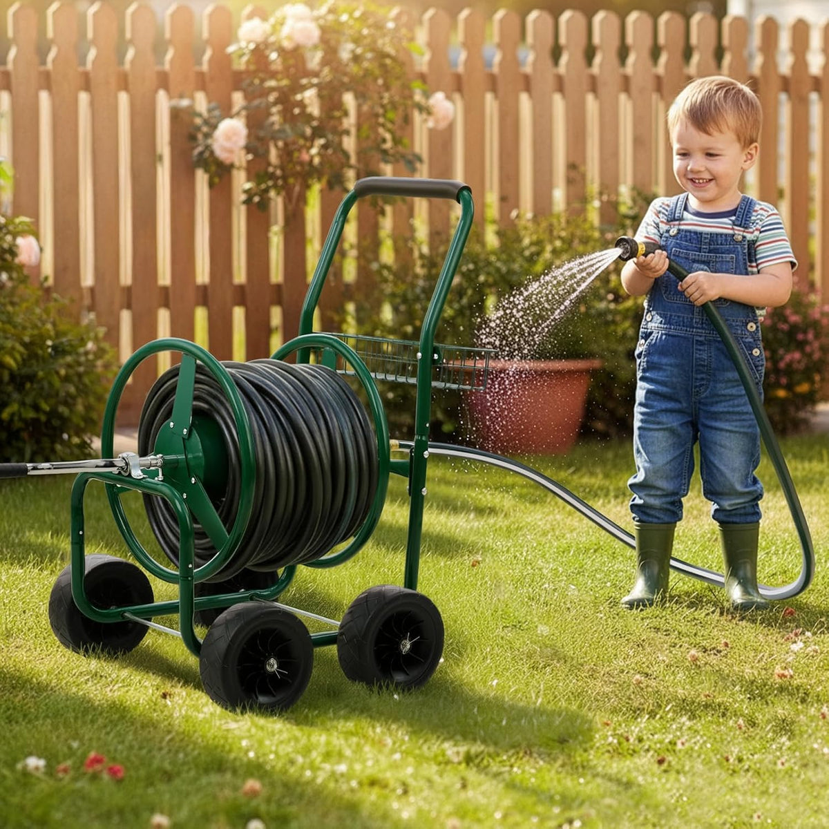 300FT 5/8in Garden Hose Reel Cart, 4-Wheel Portable Residential Hose Reel Cart, Hose Guide System with Storage Basket, Rust Resistant, for Family Yard, Garden and Farm (Green)