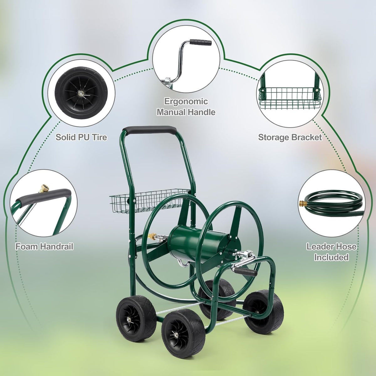 300FT 5/8in Garden Hose Reel Cart, 4-Wheel Portable Residential Hose Reel Cart, Hose Guide System with Storage Basket, Rust Resistant, for Family Yard, Garden and Farm (Green)