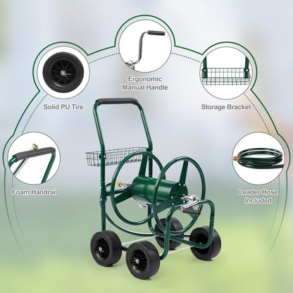 300FT 5/8in Garden Hose Reel Cart, 4-Wheel Portable Residential Hose Reel Cart, Hose Guide System with Storage Basket, Rust Resistant, for Family Yard, Garden and Farm (Green)