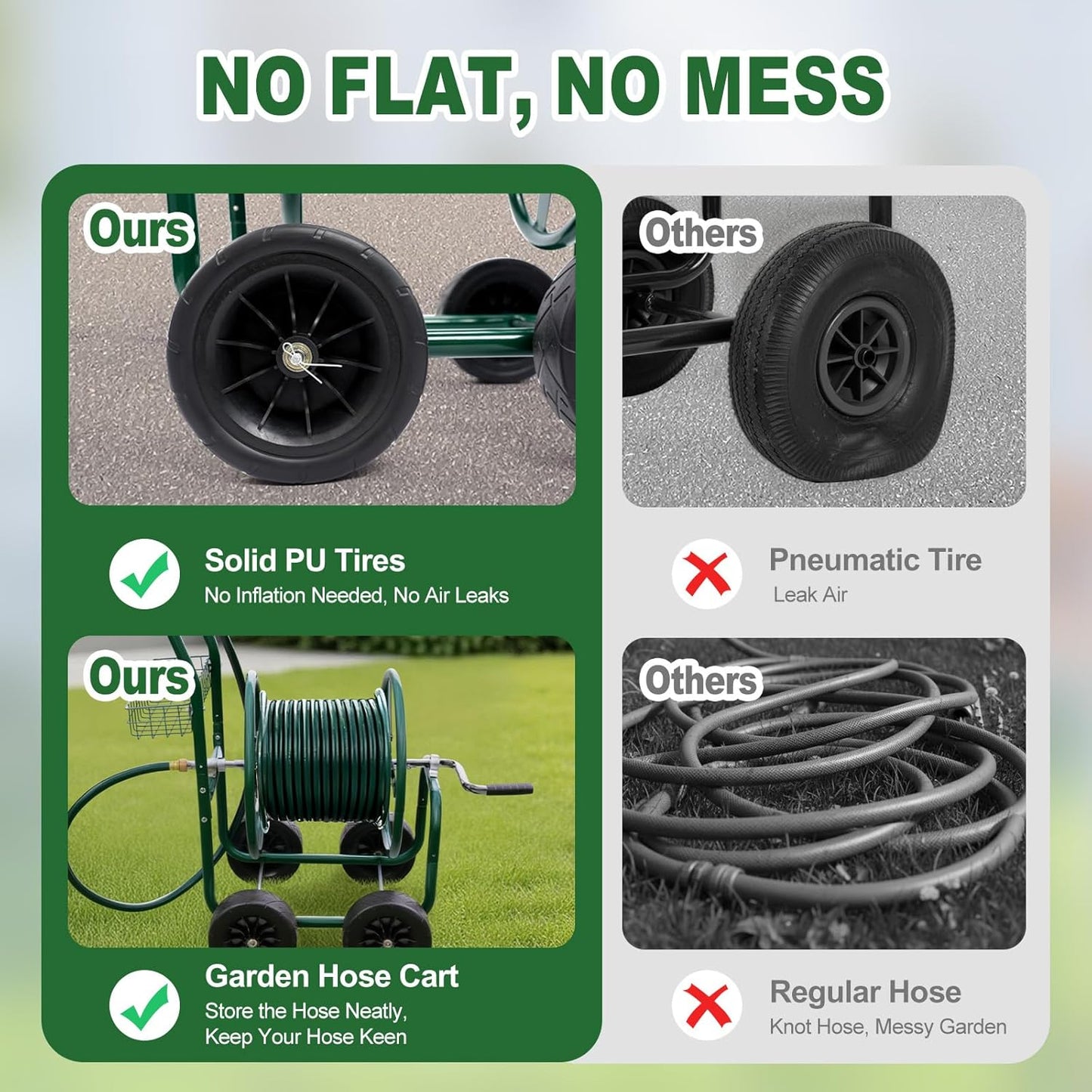 300FT 5/8in Garden Hose Reel Cart, 4-Wheel Portable Residential Hose Reel Cart, Hose Guide System with Storage Basket, Rust Resistant, for Family Yard, Garden and Farm (Green)