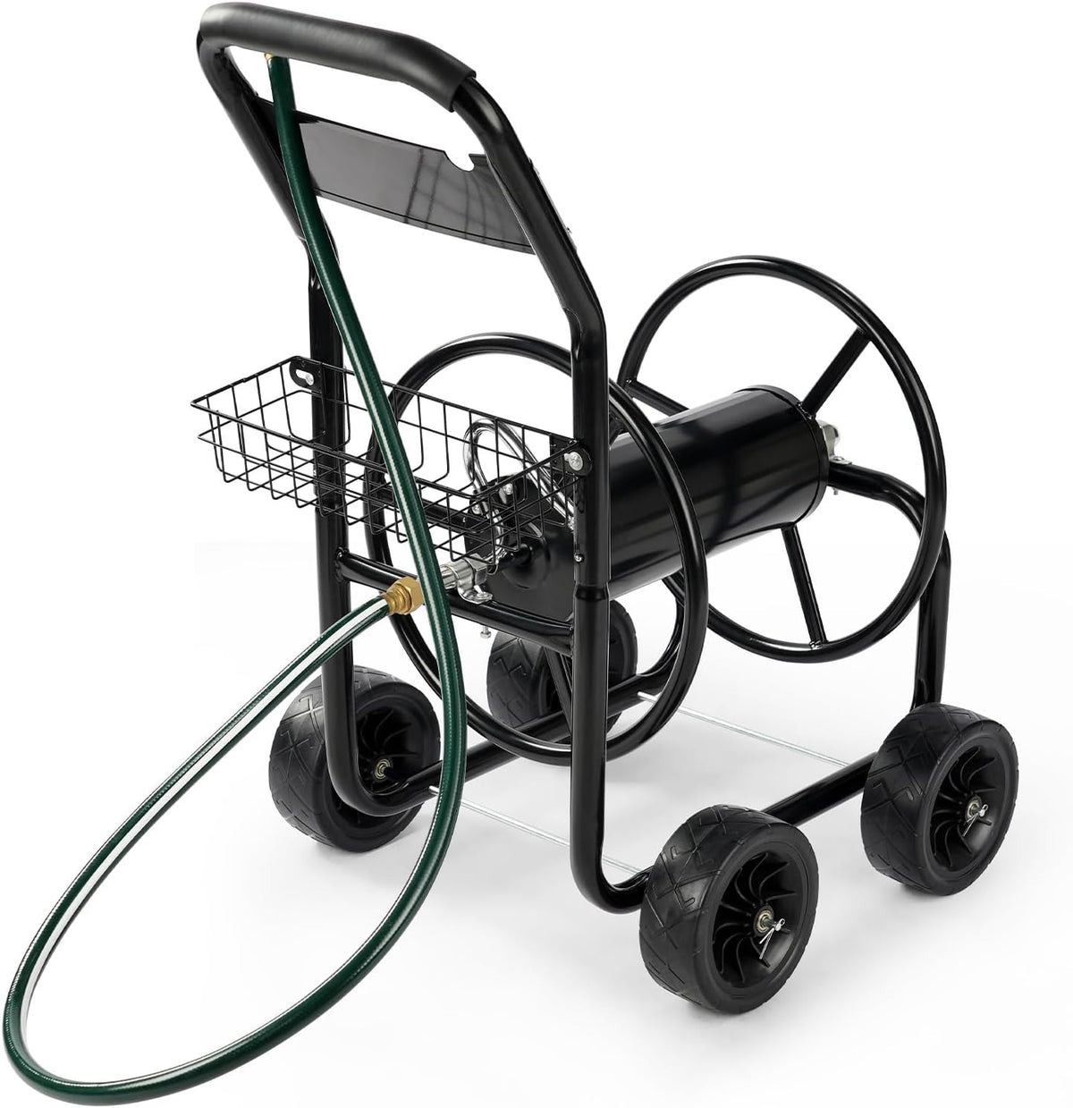 300FT 5/8in Garden Hose Reel Cart, 4-Wheel Portable Residential Hose Reel Cart, Hose Guide System with Storage Basket, Rust Resistant, for Family Yard, Garden and Farm (Green)