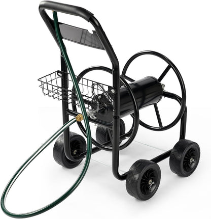 300FT 5/8in Garden Hose Reel Cart, 4-Wheel Portable Residential Hose Reel Cart, Hose Guide System with Storage Basket, Rust Resistant, for Family Yard, Garden and Farm (Green)
