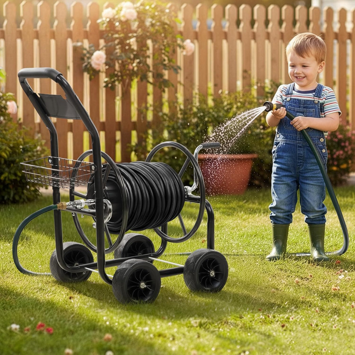 300FT 5/8in Garden Hose Reel Cart, 4-Wheel Portable Residential Hose Reel Cart, Hose Guide System with Storage Basket, Rust Resistant, for Family Yard, Garden and Farm (Green)