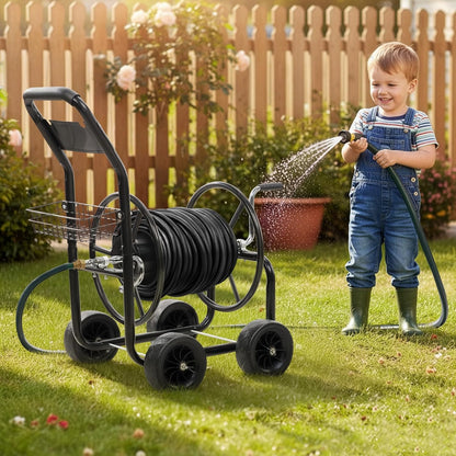 300FT 5/8in Garden Hose Reel Cart, 4-Wheel Portable Residential Hose Reel Cart, Hose Guide System with Storage Basket, Rust Resistant, for Family Yard, Garden and Farm (Green)