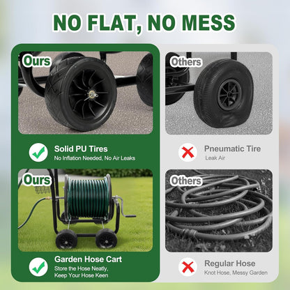 300FT 5/8in Garden Hose Reel Cart, 4-Wheel Portable Residential Hose Reel Cart, Hose Guide System with Storage Basket, Rust Resistant, for Family Yard, Garden and Farm (Green)