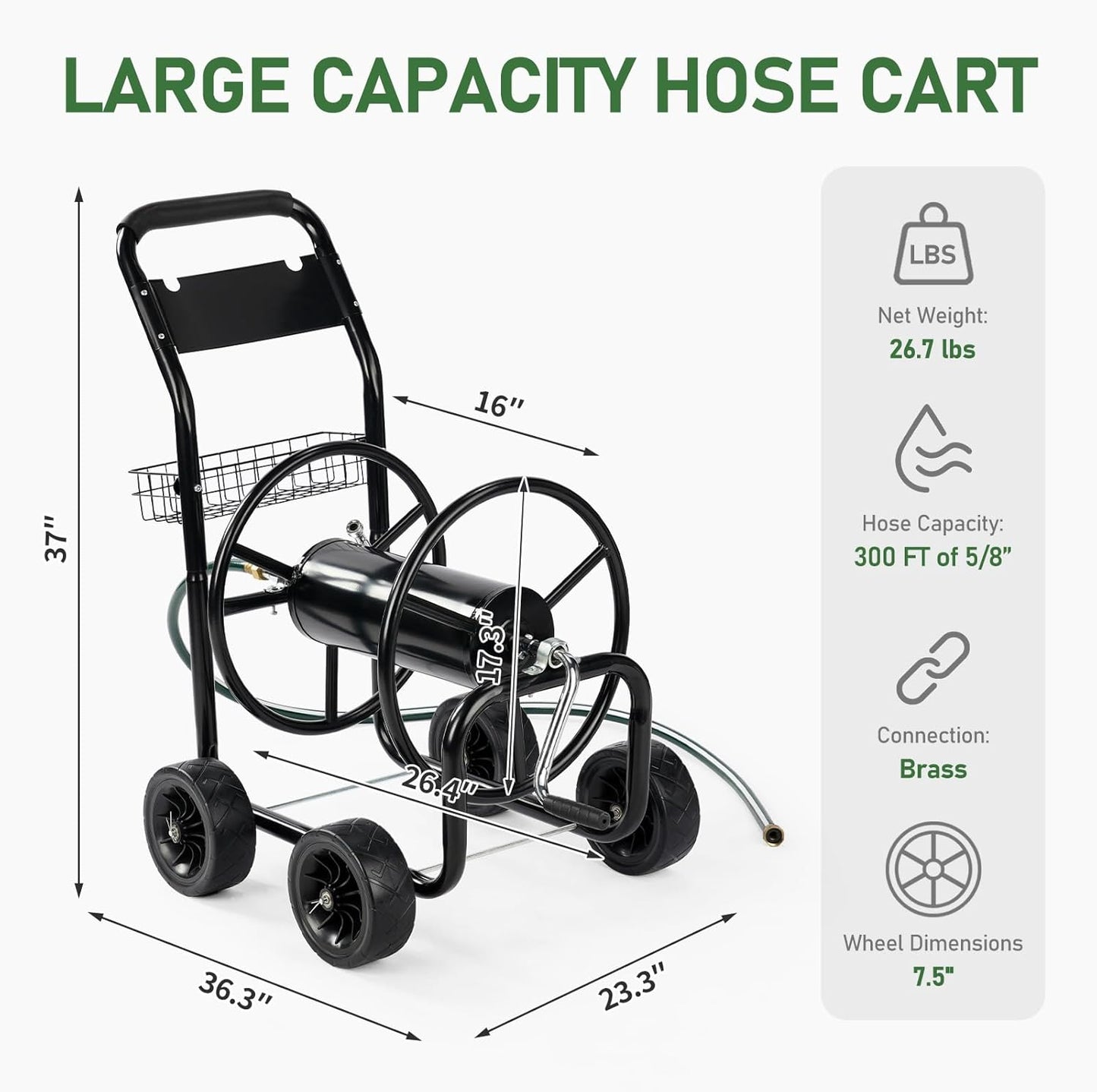 300FT 5/8in Garden Hose Reel Cart, 4-Wheel Portable Residential Hose Reel Cart, Hose Guide System with Storage Basket, Rust Resistant, for Family Yard, Garden and Farm (Green)