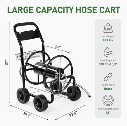 300FT 5/8in Garden Hose Reel Cart, 4-Wheel Portable Residential Hose Reel Cart, Hose Guide System with Storage Basket, Rust Resistant, for Family Yard, Garden and Farm (Green)