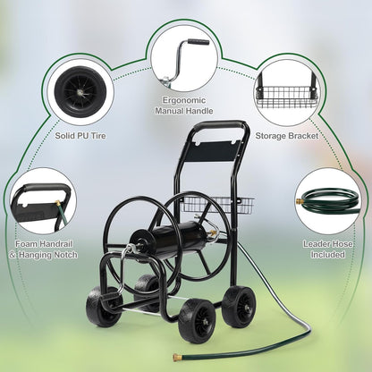 300FT 5/8in Garden Hose Reel Cart, 4-Wheel Portable Residential Hose Reel Cart, Hose Guide System with Storage Basket, Rust Resistant, for Family Yard, Garden and Farm (Green)