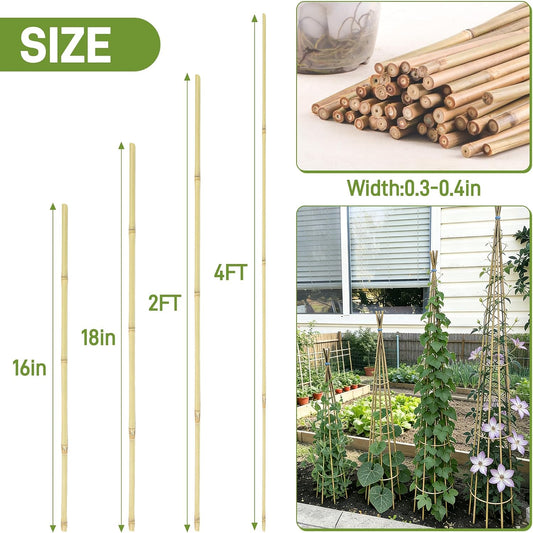 50Pcs Garden Stakes, 0.32”/16 Inch Bamboo Sticks，Natural Plant Stakes for Indoor and Outdoor Plants，Poles for Tomatoes, Beans, Potted Plants