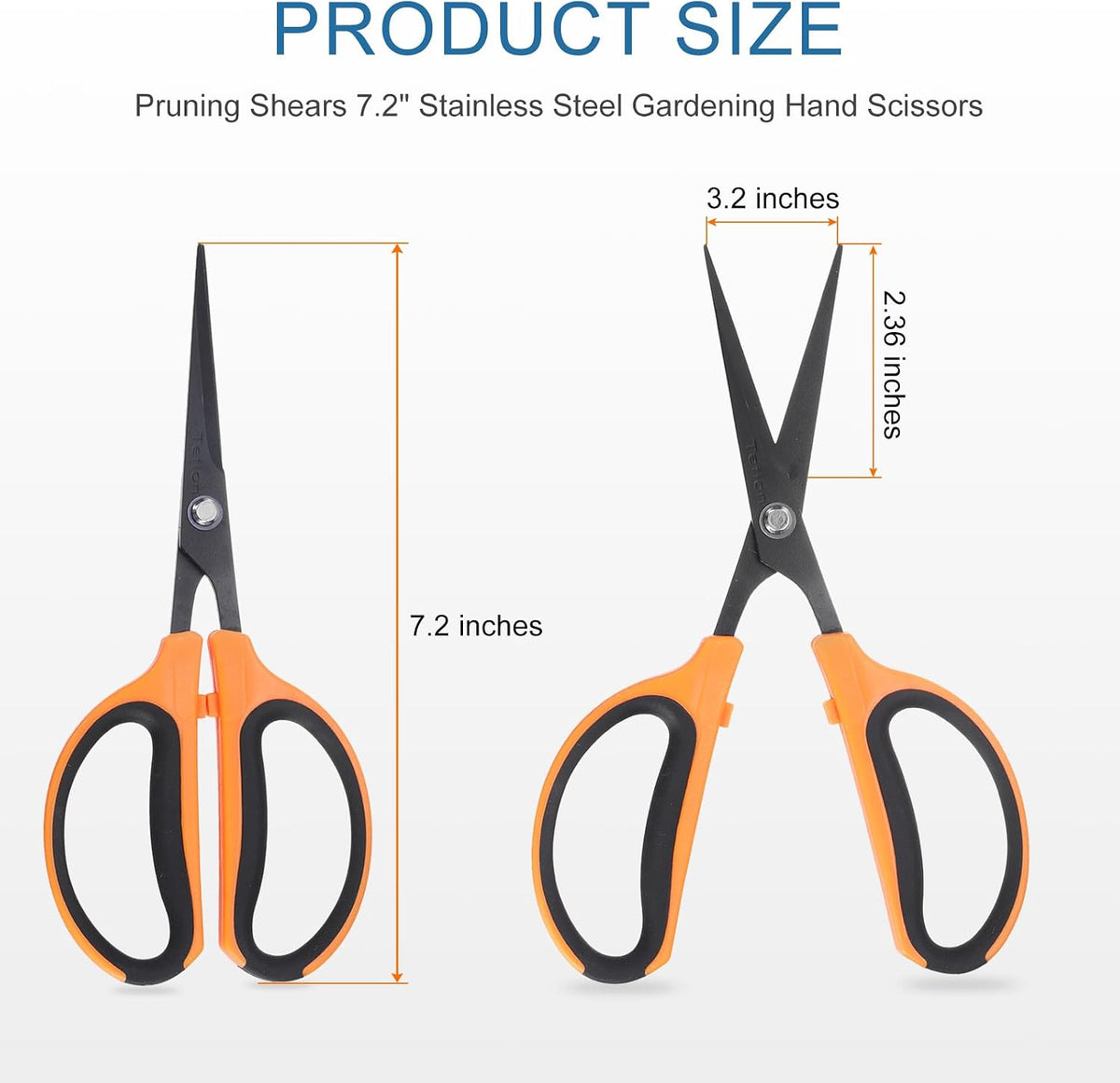 Trimming Scissors 7.2" Stainless Steel Garden Shears with Non-Stick Coating & Straight Precision Blade Hand Pruning Snips for Cutting Flowers