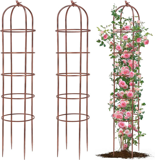 2 Pack 7Ft Heavy Duty Metal Garden Obelisk Trellis for Climbing Plants, Rust-Resistant Steel Vine Support Bird Finial for Rose Clematis, Potted Flowers Stand Indoor Outdoor Decor (Rose Gold)