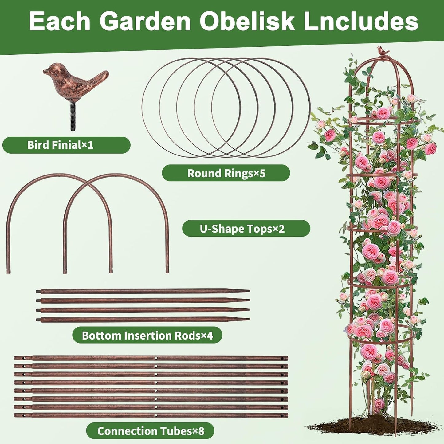 2 Pack 7Ft Heavy Duty Metal Garden Obelisk Trellis for Climbing Plants, Rust-Resistant Steel Vine Support Bird Finial for Rose Clematis, Potted Flowers Stand Indoor Outdoor Decor (Rose Gold)